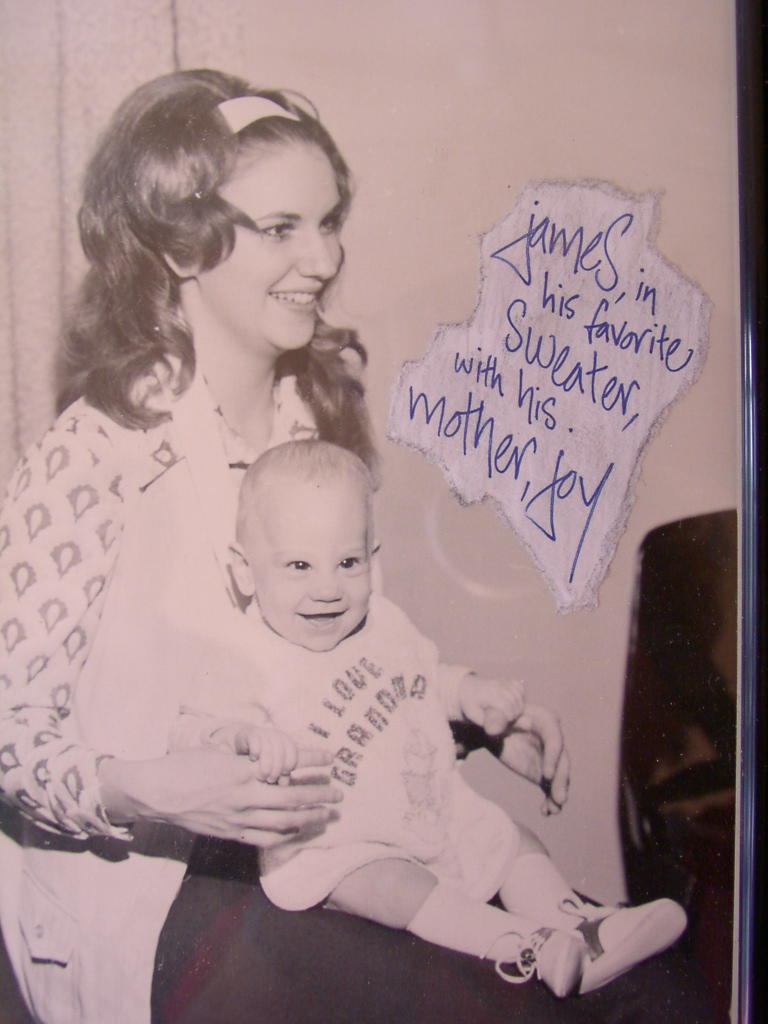 James in his favorite sweater, with his mother, Joy